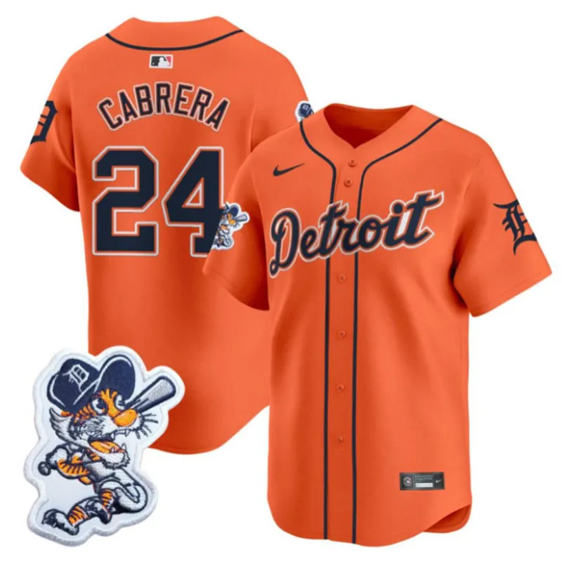 Men's Detroit Tigers #24 Miguel Cabrera Orange Paws Patch Limited Jersey 