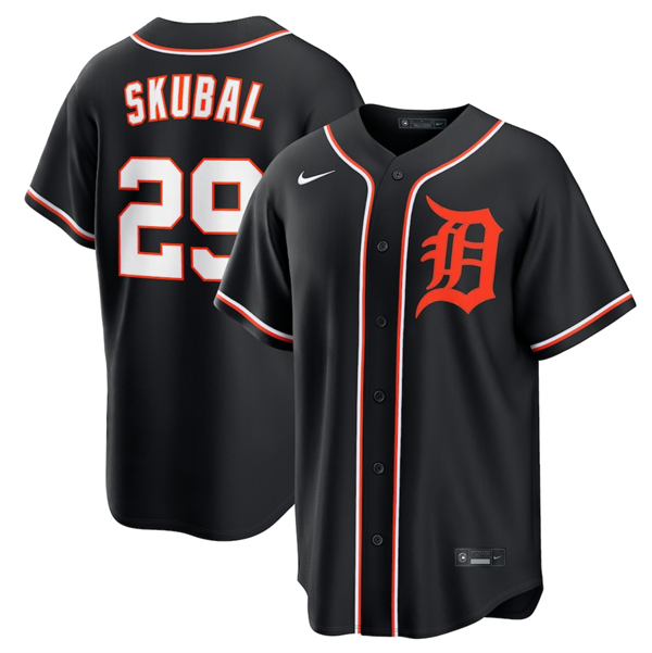 Men's Detroit Tigers #29 Tarik Skubal Black Out Stitched Baseball Jersey