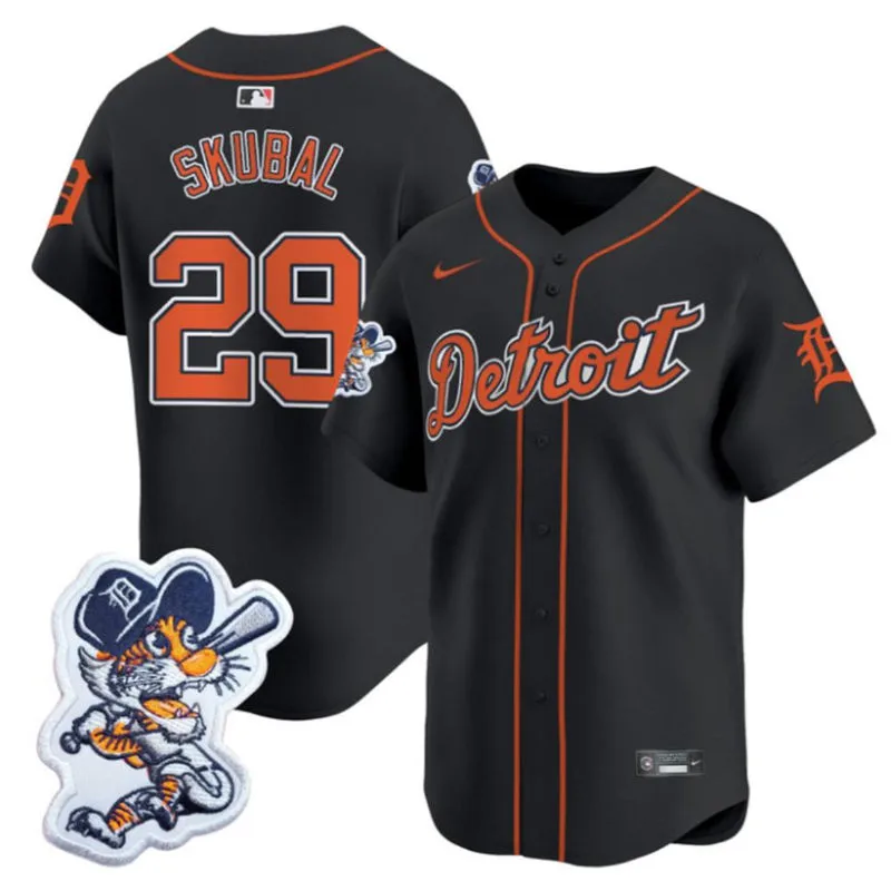 Men's Detroit Tigers #29 Tarik Skubal Navy Paws Patch Limited Jersey 