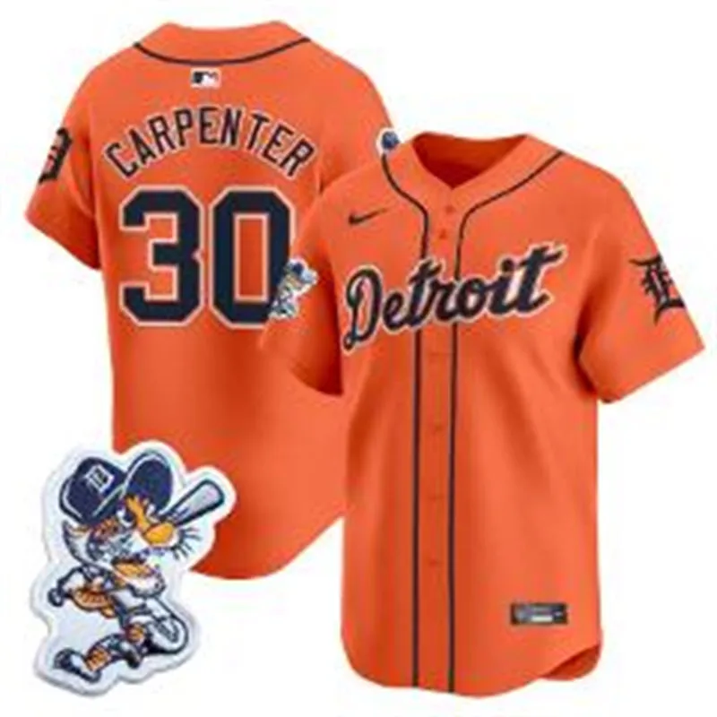 Men's Detroit Tigers #30 Kerry Carpenter Orange Paws Patch Limited Jersey 