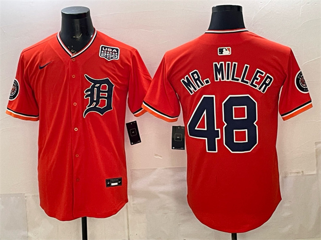 Men's Detroit Tigers #48 Mr. Miller Orange 2026 Alternate USA 250' Patch Vapor Premier Limited Stitched Baseball Jersey