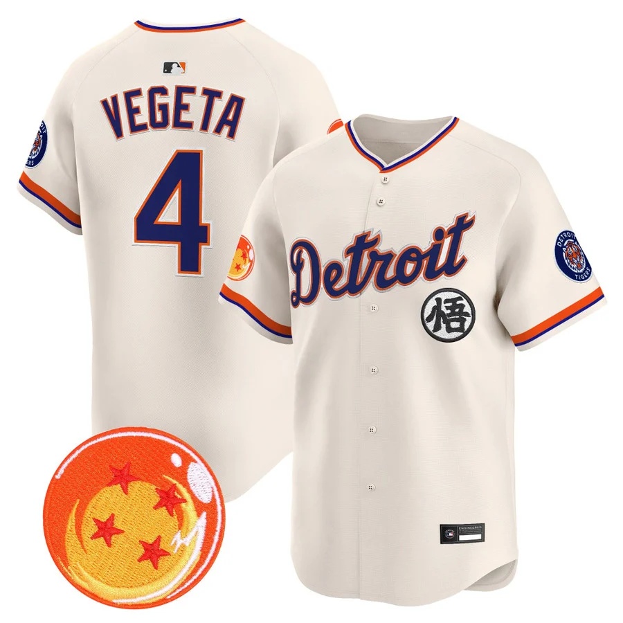 Men's Detroit Tigers x Dragon Ball Vapor Premier Limited Jersey cream #4 Vegeta