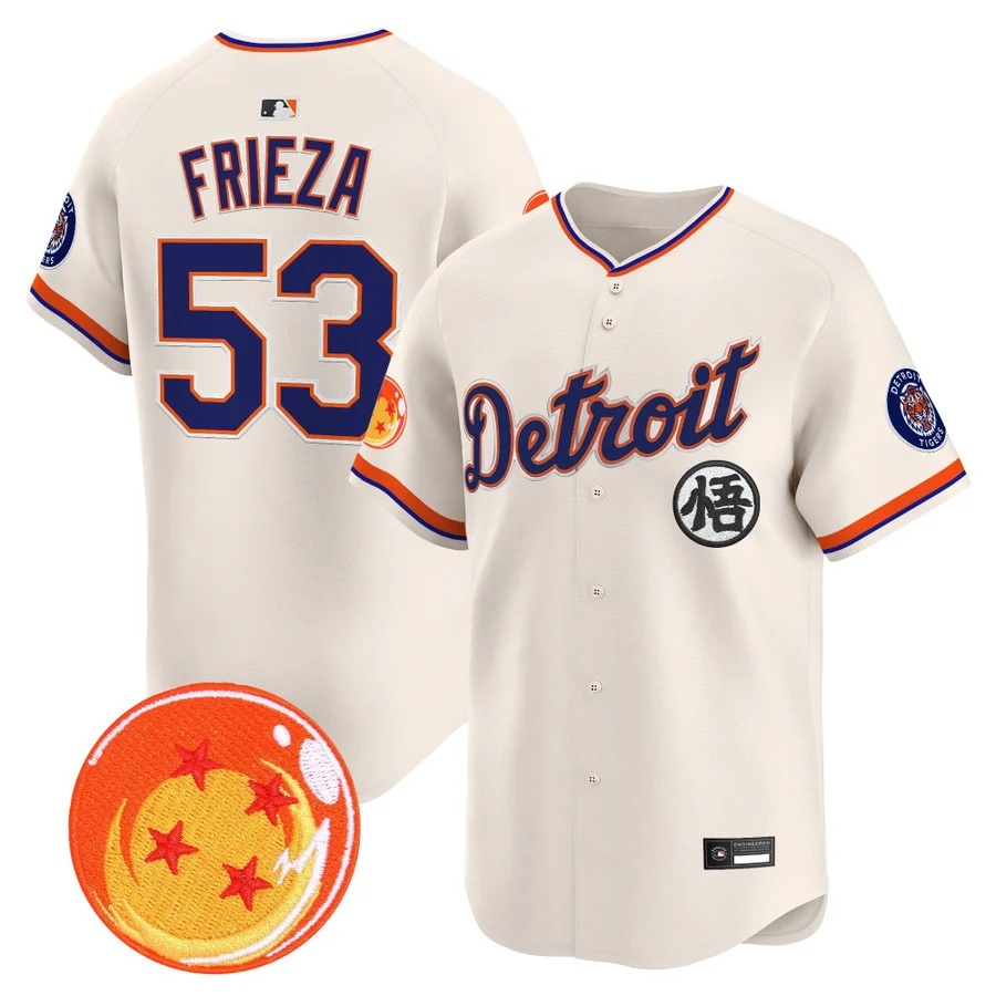 Men's Detroit Tigers x Dragon Ball Vapor Premier Limited Jersey cream #53 Frieza
