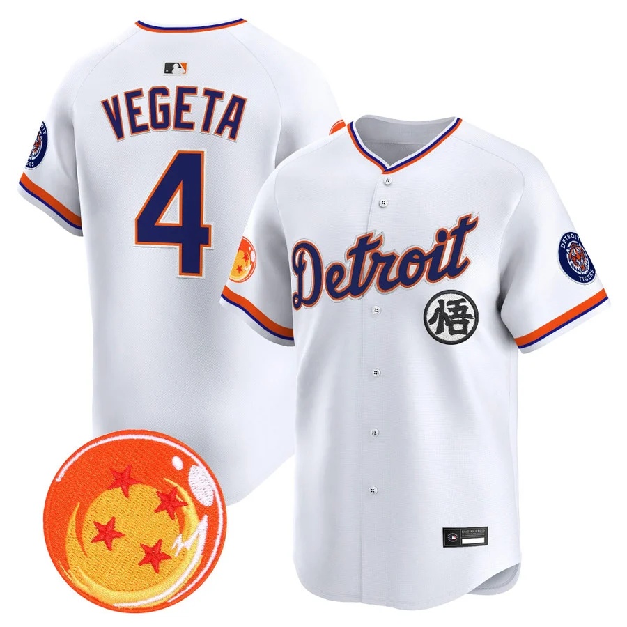 Men's Detroit Tigers x Dragon Ball Vapor Premier Limited Jersey white #4 Vegeta