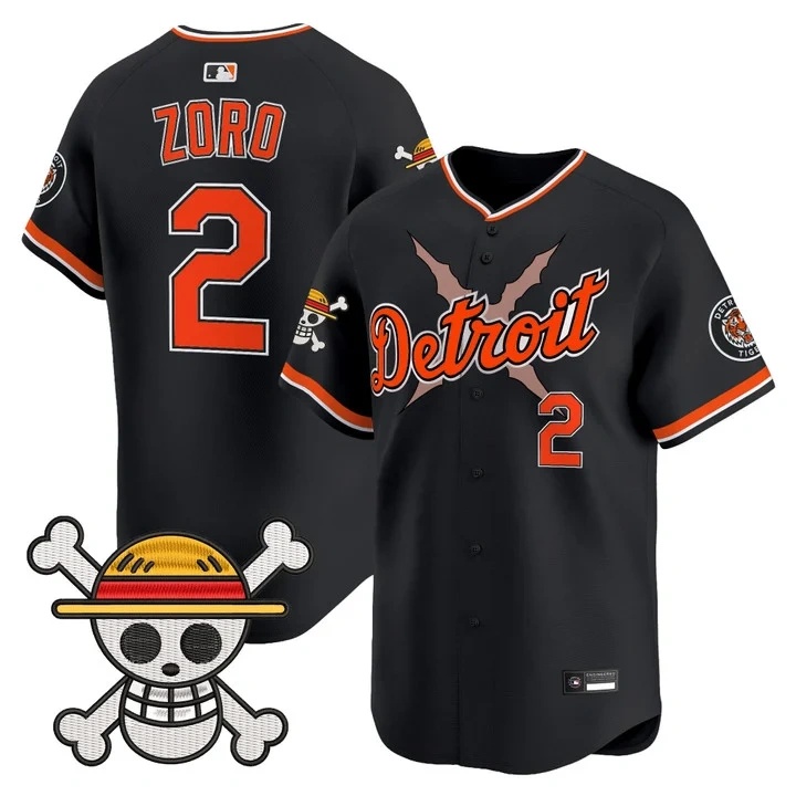 Men's Detroit Tigers x One Piece Vapor Premier Limited Jersey BLACK#2 ZORO