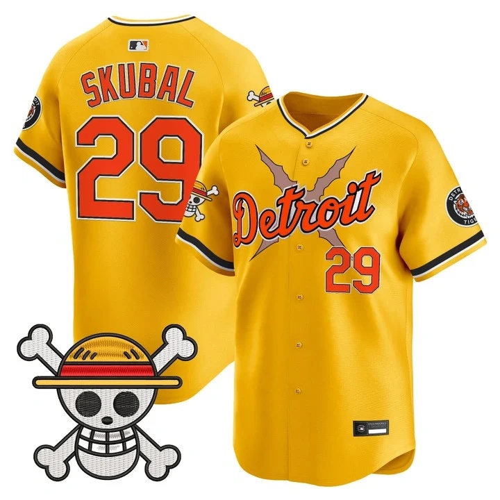 Men's Detroit Tigers x One Piece Vapor Premier Limited Jersey GOLD#29 TARIK SKUBAL
