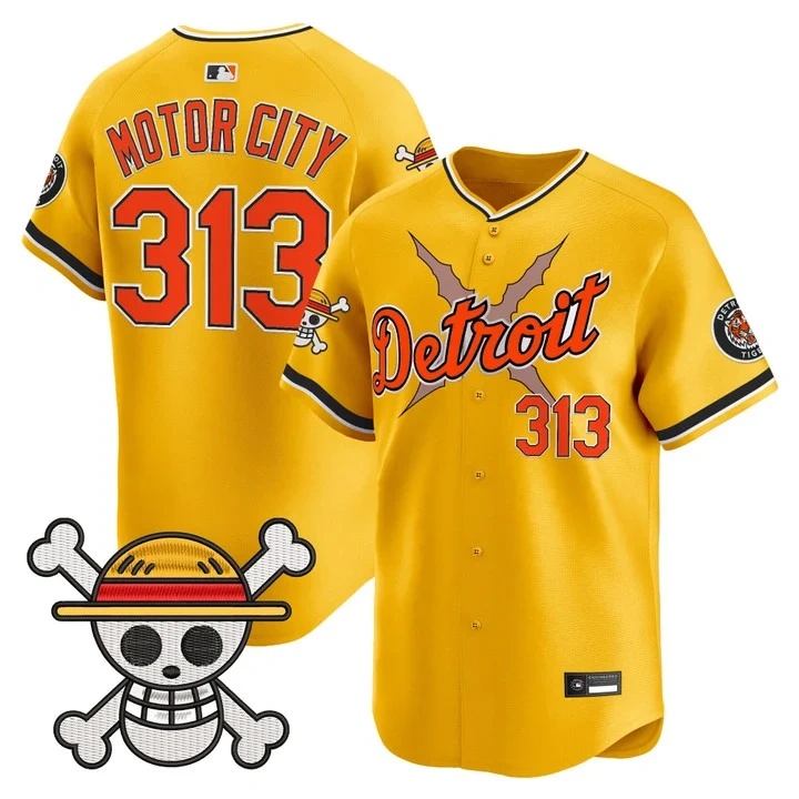 Men's Detroit Tigers x One Piece Vapor Premier Limited Jersey GOLD#313 MOTOR CITY
