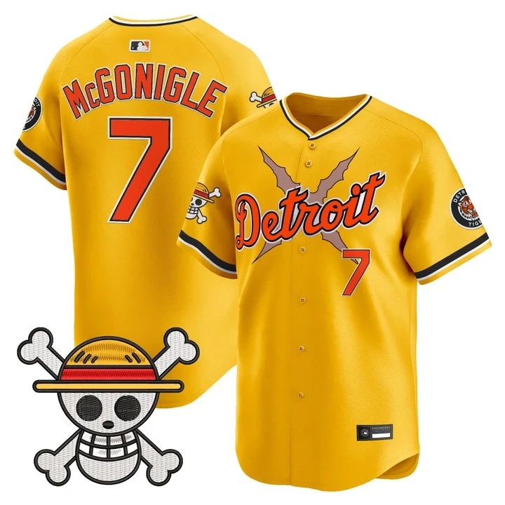 Men's Detroit Tigers x One Piece Vapor Premier Limited Jersey GOLD#7 KEVIN MCGONIGLE