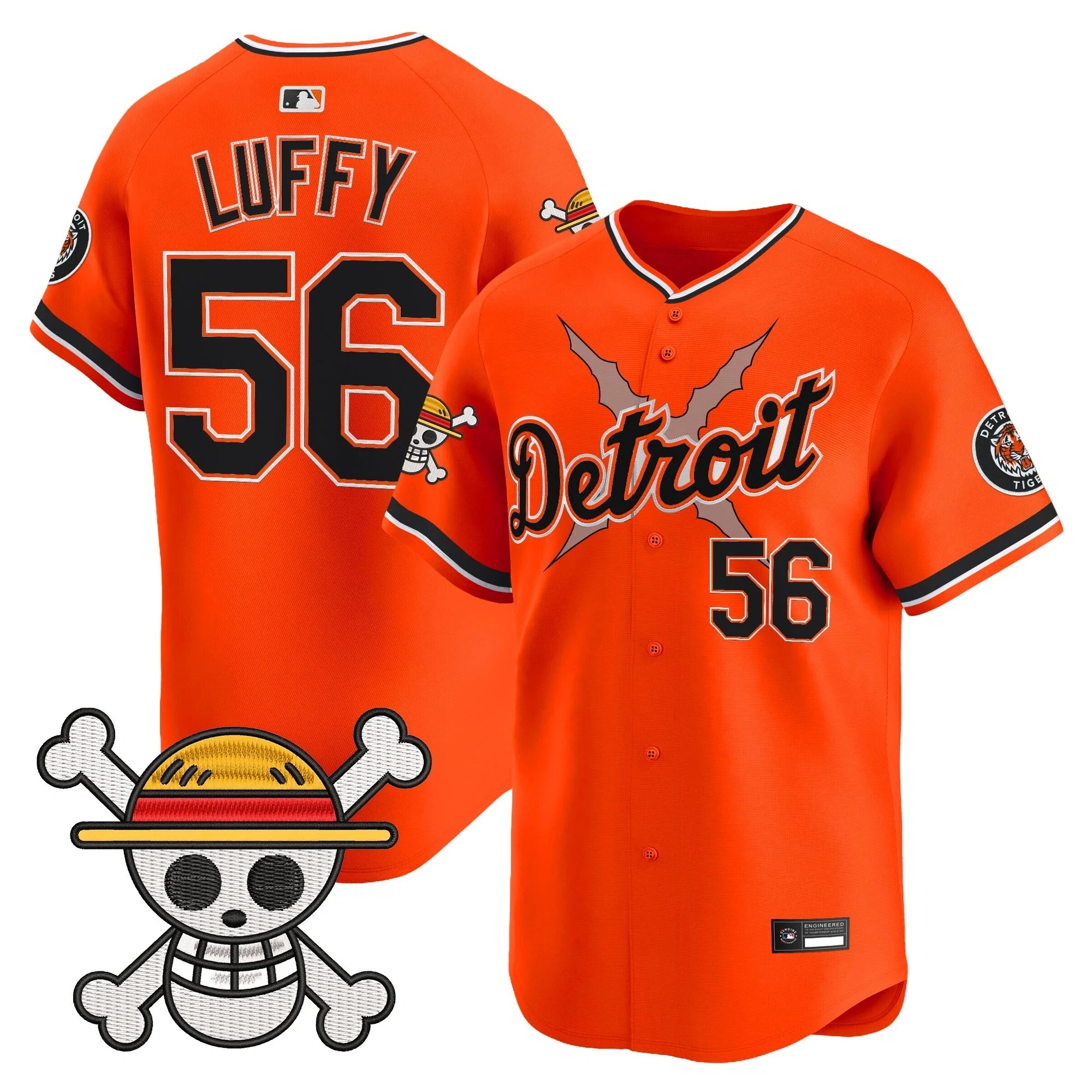Men's Detroit Tigers x One Piece Vapor Premier Limited Jersey ORANGE#56 LUFFY
