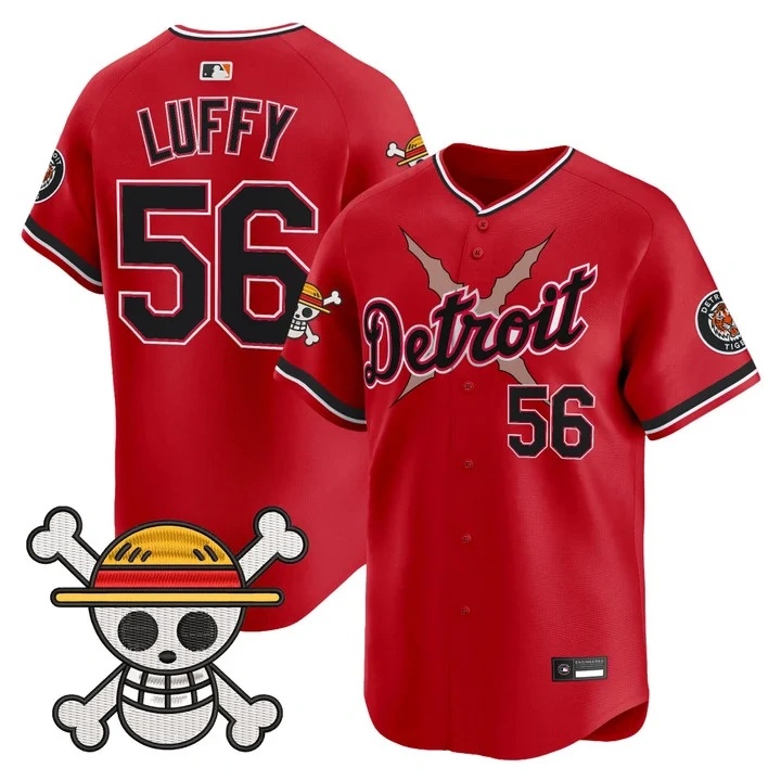 Men's Detroit Tigers x One Piece Vapor Premier Limited Jersey RED#56 LUFFY
