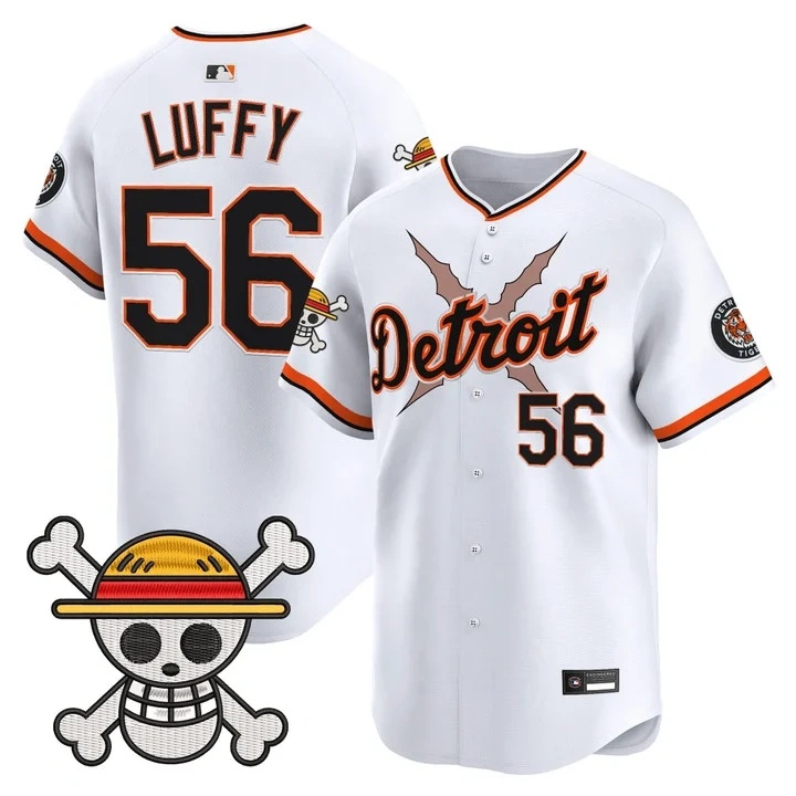Men's Detroit Tigers x One Piece Vapor Premier Limited Jersey WHITE#56 LUFFY