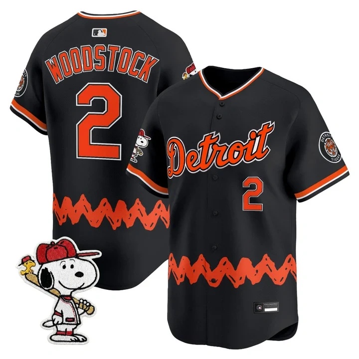 Men's Detroit Tigers x Peanuts Vapor Premier Limited Jersey BLACK#2 WOODSTOCK