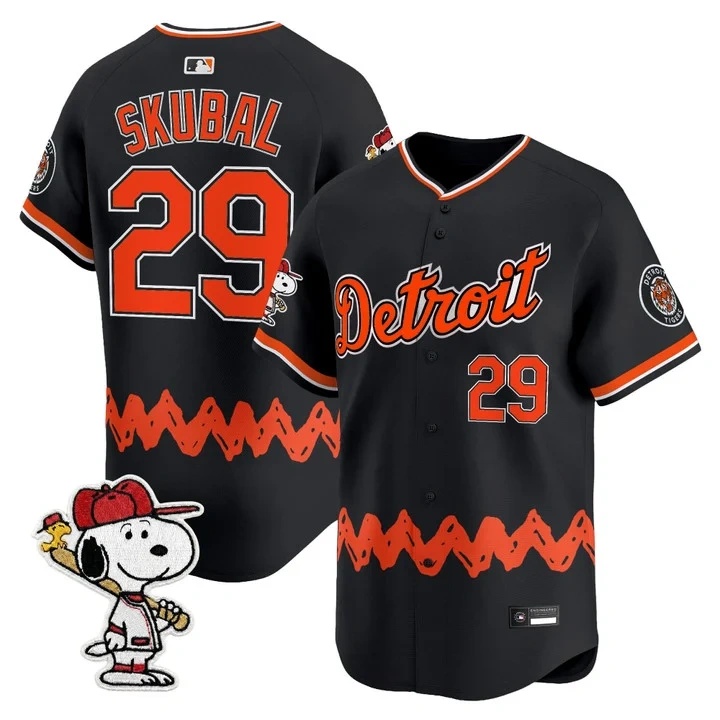 Men's Detroit Tigers x Peanuts Vapor Premier Limited Jersey BLACK#29 TARIK SKUBAL