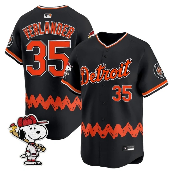 Men's Detroit Tigers x Peanuts Vapor Premier Limited Jersey BLACK#35 JUSTIN VERLANDER
