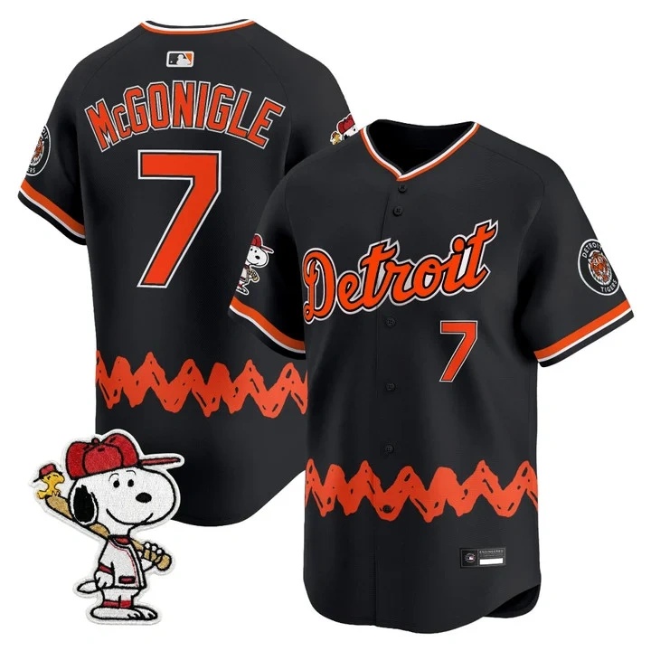 Men's Detroit Tigers x Peanuts Vapor Premier Limited Jersey BLACK#7 KEVIN MCGONIGLE