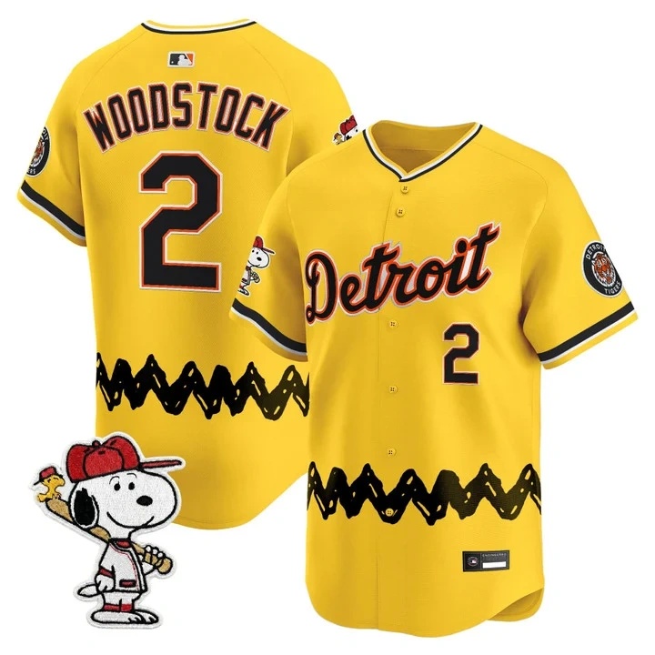 Men's Detroit Tigers x Peanuts Vapor Premier Limited Jersey GOLD#2 WOODSTOCK