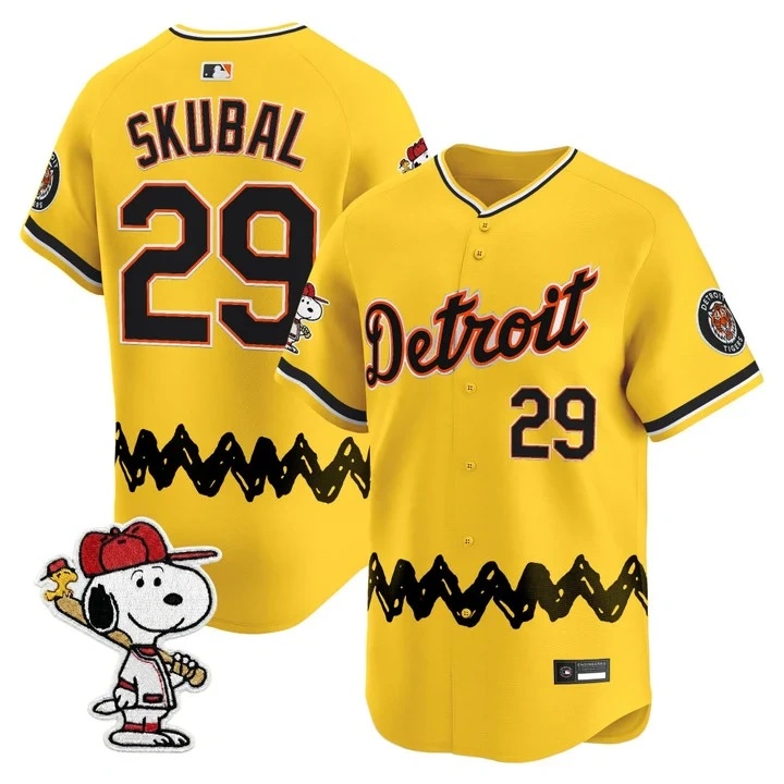 Men's Detroit Tigers x Peanuts Vapor Premier Limited Jersey GOLD#29 TARIK SKUBAL