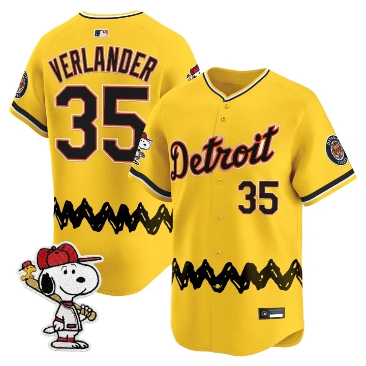 Men's Detroit Tigers x Peanuts Vapor Premier Limited Jersey GOLD#35 JUSTIN VERLANDER