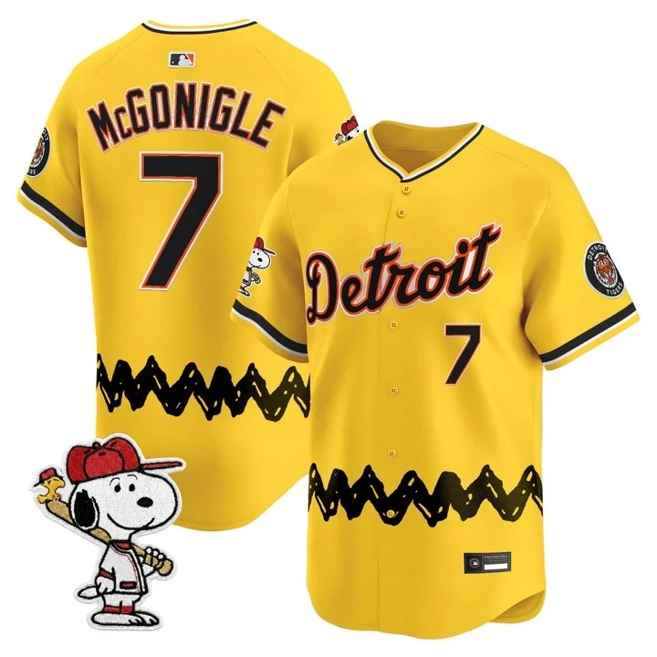 Men's Detroit Tigers x Peanuts Vapor Premier Limited Jersey GOLD#7 KEVIN MCGONIGLE