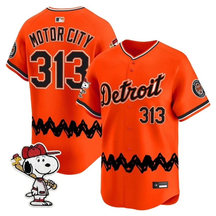 Men's Detroit Tigers x Peanuts Vapor Premier Limited Jersey ORANGE#313 MOTOR CITY