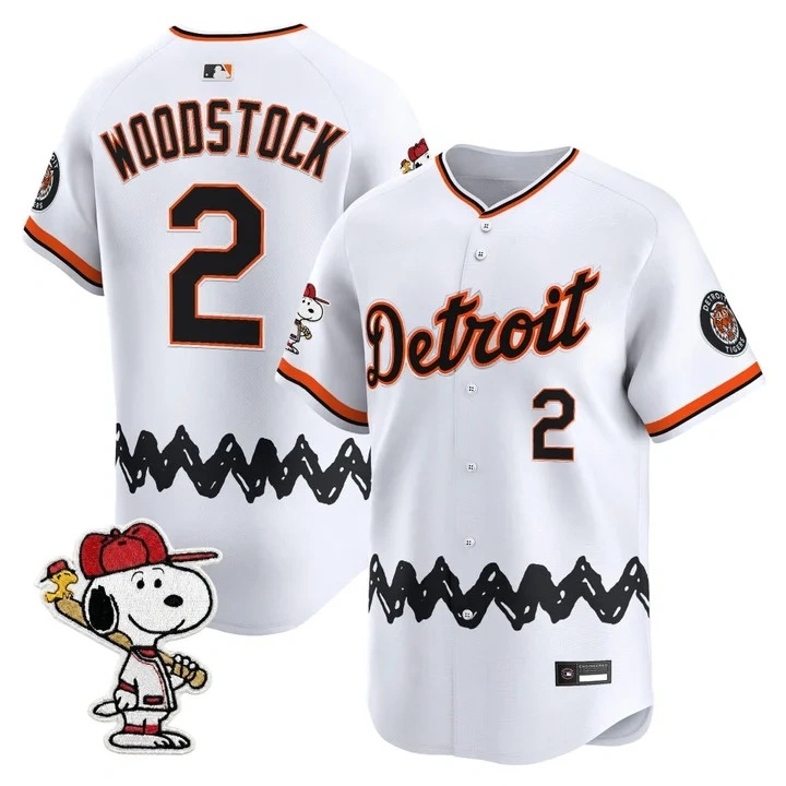 Men's Detroit Tigers x Peanuts Vapor Premier Limited Jersey WHITE#2 WOODSTOCK