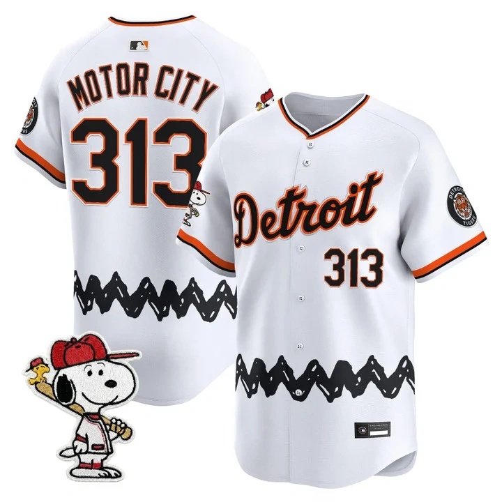 Men's Detroit Tigers x Peanuts Vapor Premier Limited Jersey WHITE#313 MOTOR CITY