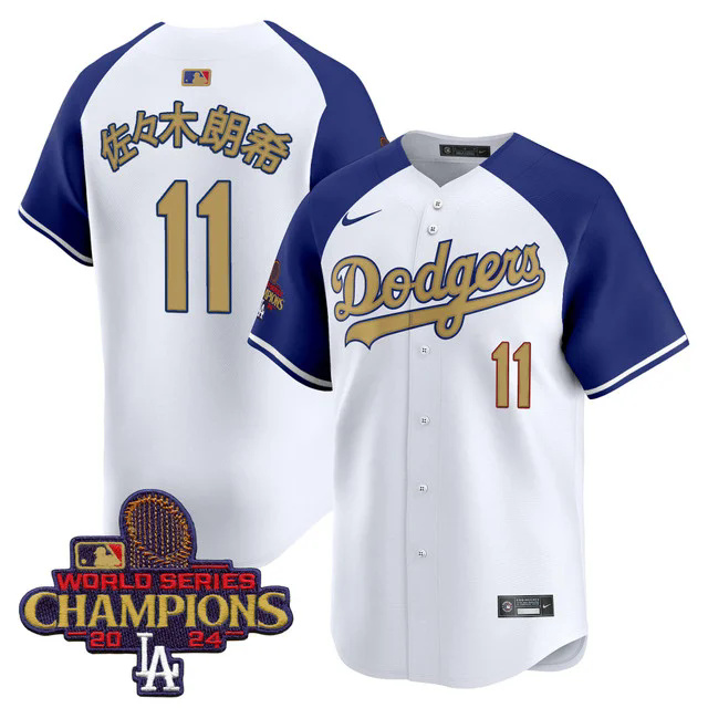 Men's Dodgers 2025 Gold Vapor Premier Limited Jersey WHITE #11 R.SASAKI(KANJI).webp