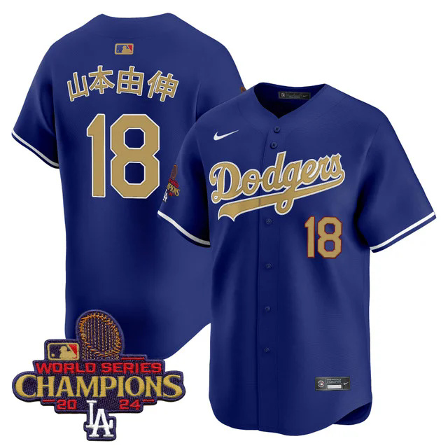 Men's Dodgers 2025 Gold Vapor Premier Limited Jersey blue #18 YAMAMOTO(KANJI).webp
