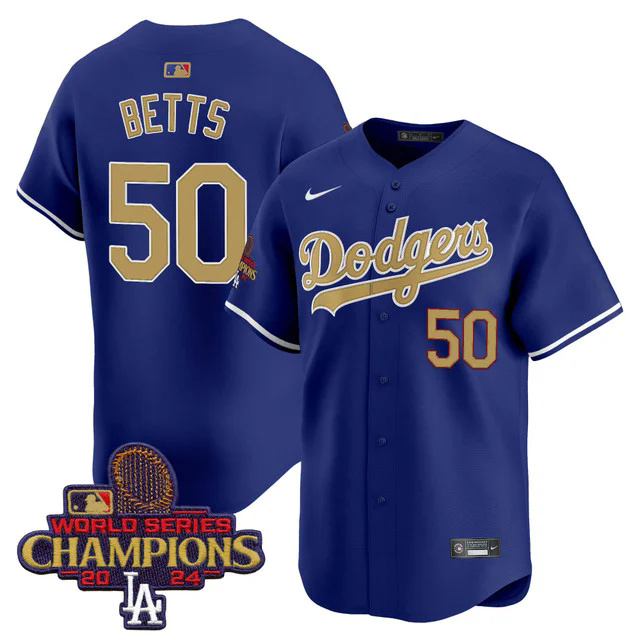 Men's Dodgers 2025 Gold Vapor Premier Limited Jersey blue #50 MOOKIE BETTS.webp