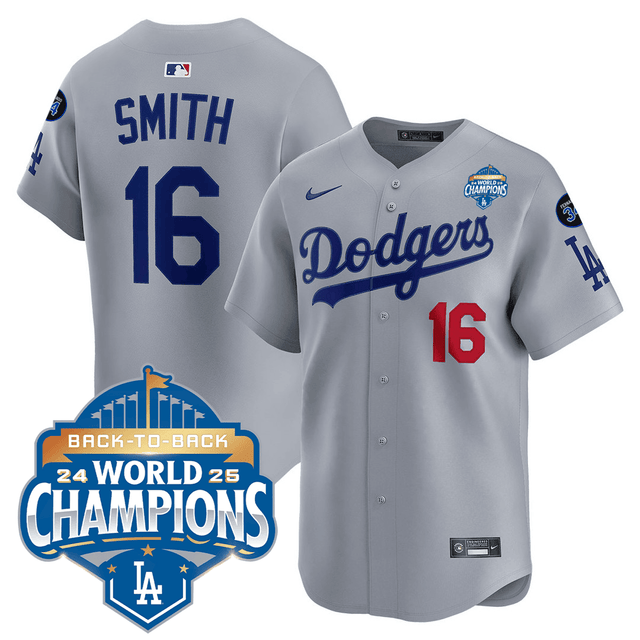 Men's Dodgers 2025 World Series - Back To Back Champions Vapor Premier Limited Jersey V2 gray #16 Smith