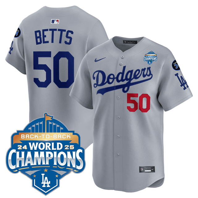 Men's Dodgers 2025 World Series - Back To Back Champions Vapor Premier Limited Jersey V2 gray #50 Mookie Betts