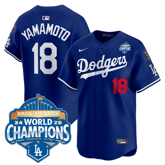 Men's Dodgers 2025 World Series - Back To Back Champions Vapor Premier Limited Jersey V2 royal #18 Yamamoto