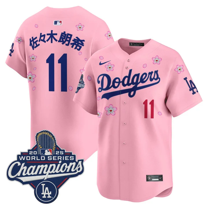 Men's Dodgers 2025 World Series Champions x Tokyo Series Vapor Premier Limited Jersey CHERRY BLOSSOM#11 ROKI SASAKI(KANJI)
