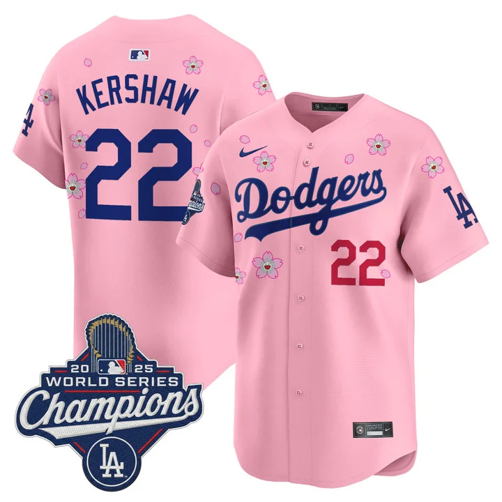 Men's Dodgers 2025 World Series Champions x Tokyo Series Vapor Premier Limited Jersey CHERRY BLOSSOM#22  CLAYTON KERSHAW