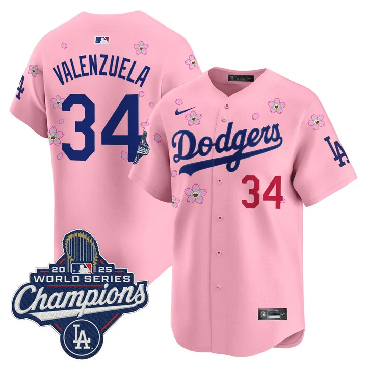 Men's Dodgers 2025 World Series Champions x Tokyo Series Vapor Premier Limited Jersey CHERRY BLOSSOM#34 FERNANDO VALENZUELA