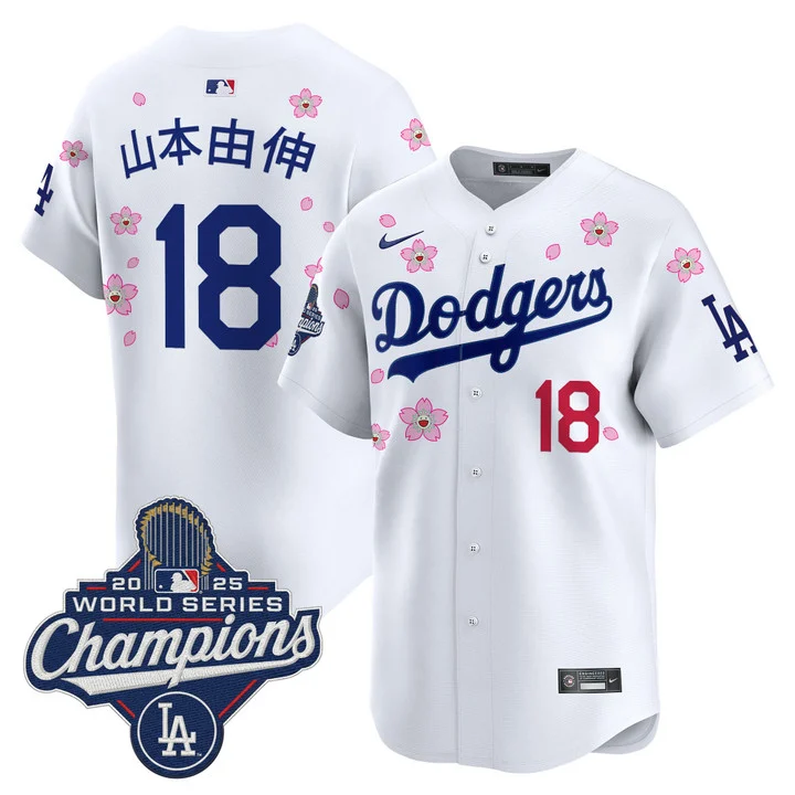 Men's Dodgers 2025 World Series Champions x Tokyo Series Vapor Premier Limited Jersey WHITE#18 YAMAMOTO(KANJI)