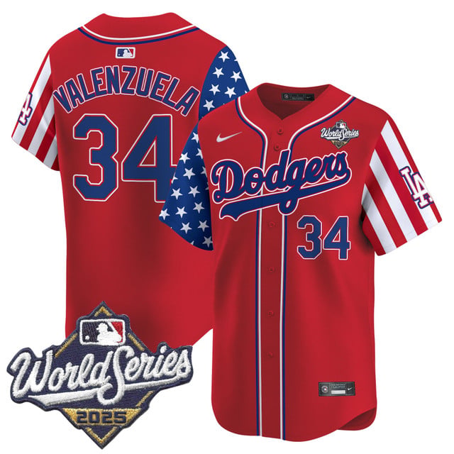 Men's Dodgers 2025 World Series Vapor Premier Limited Jersey - American Style red #34 Fernando Valenzuela