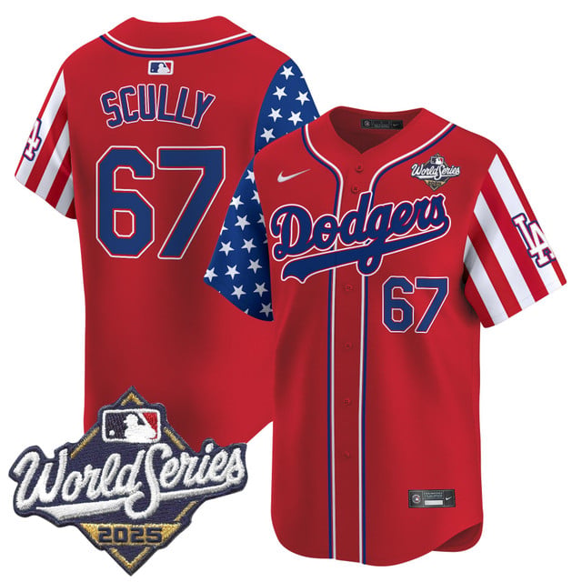 Men's Dodgers 2025 World Series Vapor Premier Limited Jersey - American Style red #67 Vin Scully