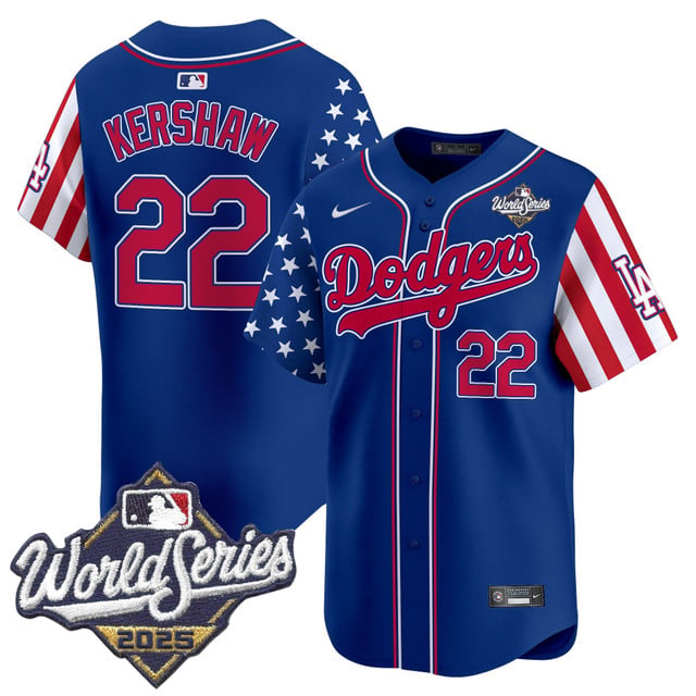 Men's Dodgers 2025 World Series Vapor Premier Limited Jersey - American Style royal #22 Clayton Kershaw