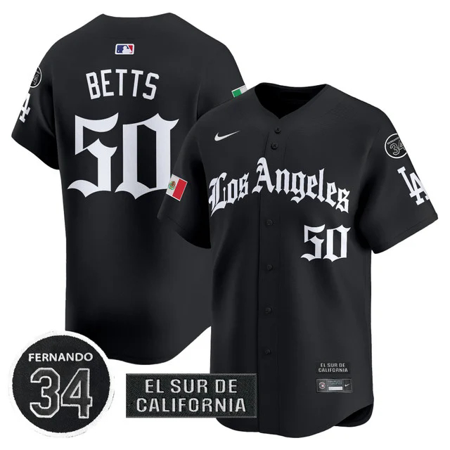 Men's Dodgers Mexico 2025 LA Gothic Style Patch Vapor Premier Limited Jersey #50 MOOKIE BETTS.webp