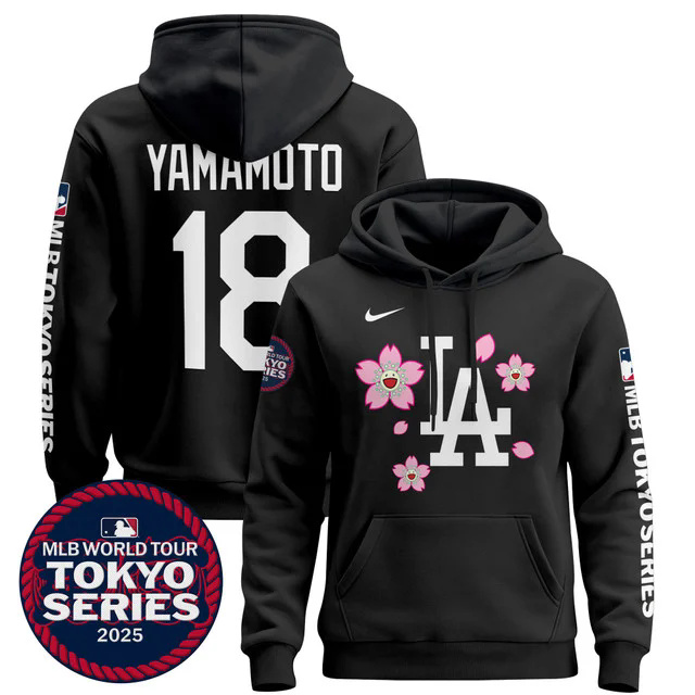 Men's Dodgers Tokyo Series 2025 Pullover Hoodie BLACK #18 YAMAMOTO.webp