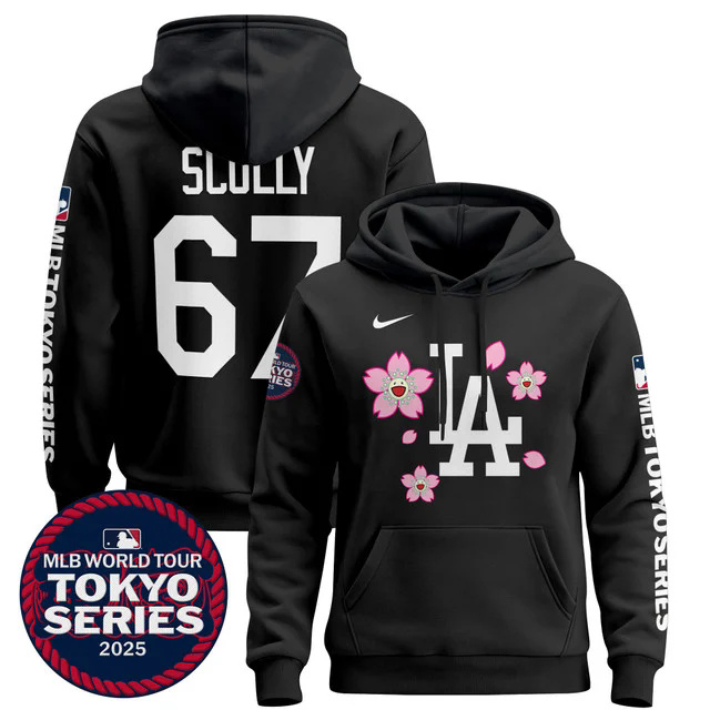 Men's Dodgers Tokyo Series 2025 Pullover Hoodie BLACK #67 VIN SCULLY.webp
