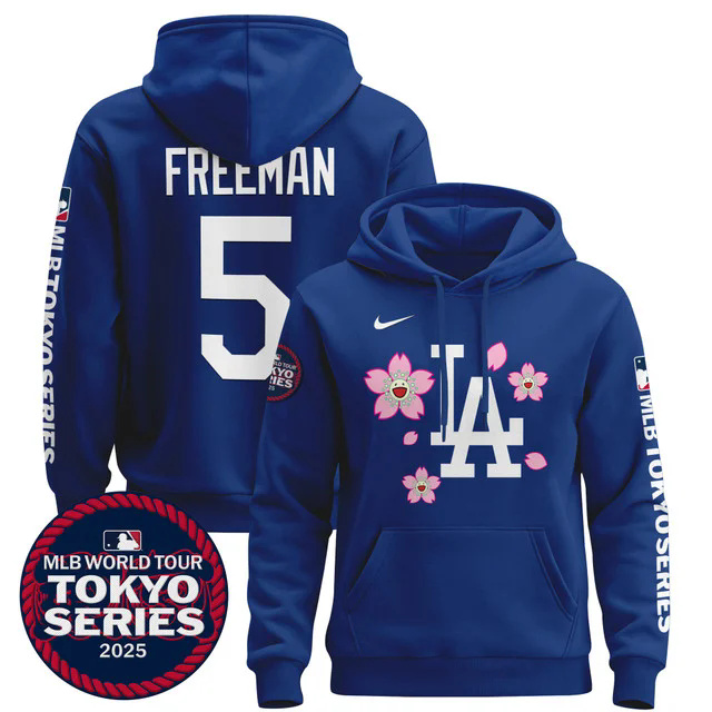 Men's Dodgers Tokyo Series 2025 Pullover Hoodie BLUE #5 FREDDIE FREEMAN.webp