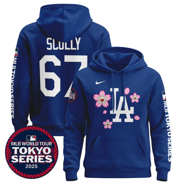 Men's Dodgers Tokyo Series 2025 Pullover Hoodie BLUE #67 VIN SCULLY.webp