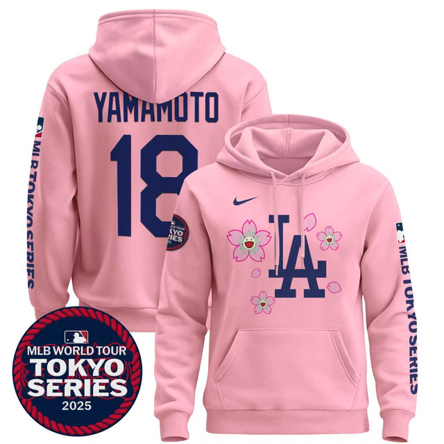Men's Dodgers Tokyo Series 2025 Pullover Hoodie PINK #18 YAMAMOTO.webp