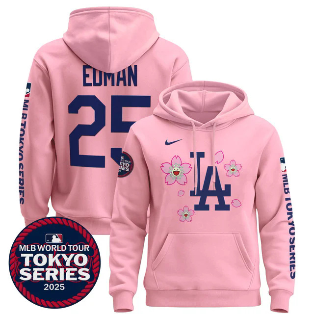 Men's Dodgers Tokyo Series 2025 Pullover Hoodie PINK #25 TOMMY EDMAN.webp