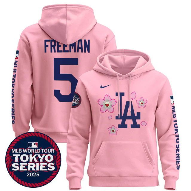 Men's Dodgers Tokyo Series 2025 Pullover Hoodie PINK #5 FREDDIE FREEMAN.webp