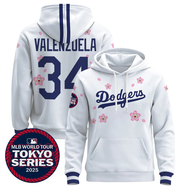 Men's Dodgers Tokyo Series 2025 Pullover Hoodie V2 WHITE #34 VALENZUELA.webp