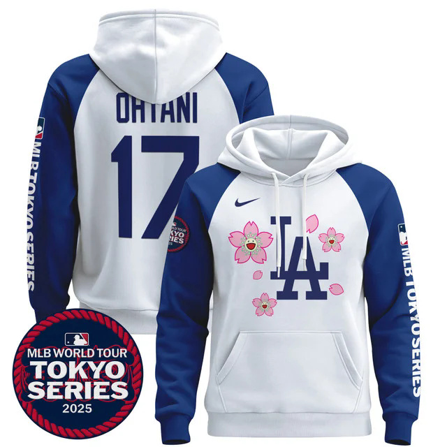 Men's Dodgers Tokyo Series 2025 Pullover Hoodie WHITE&BLUE #17 SHOHEI OHTANI.webp