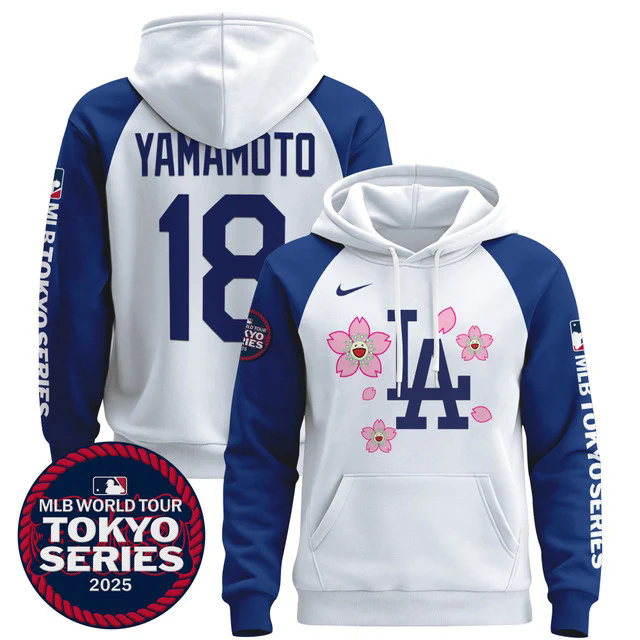 Men's Dodgers Tokyo Series 2025 Pullover Hoodie WHITE&BLUE #18 YAMAMOTO.webp